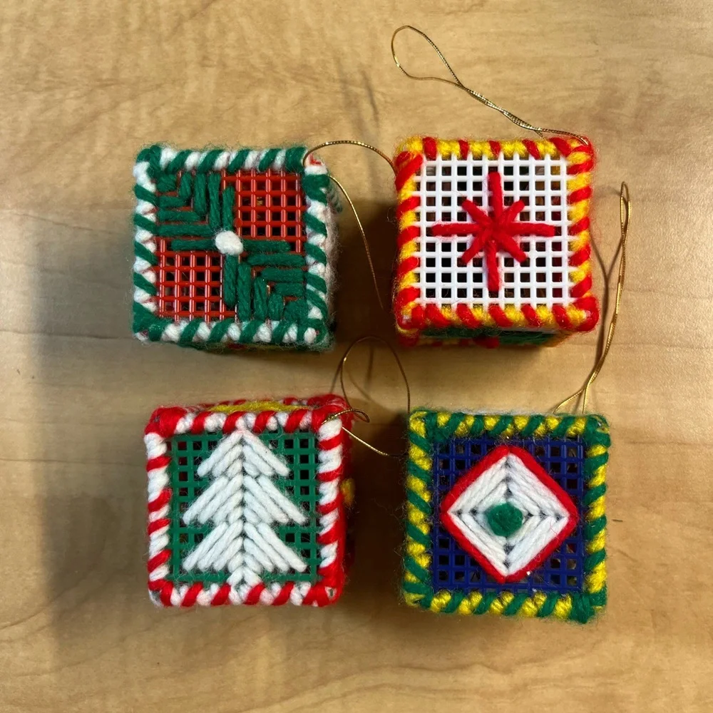 4 Vintage Handmade Plastic Canvas Christmas Block Ornaments
